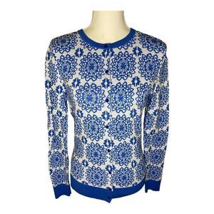 Ann Taylor Factory Women’s XS Blue & White Floral Medallion Button Front Cardiga